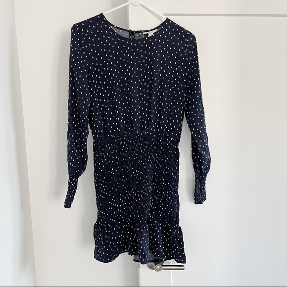 Topshop Shirred Mini Dress In Navy Polka Dot NWT US 4 - Picture 4 of 6